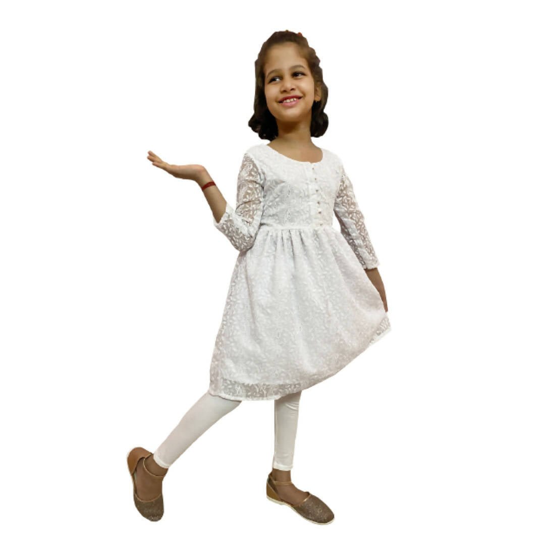 Akarshan viscose Lukhnowi Chikankari Anarkali kurta with Leggings - White | Grocsy