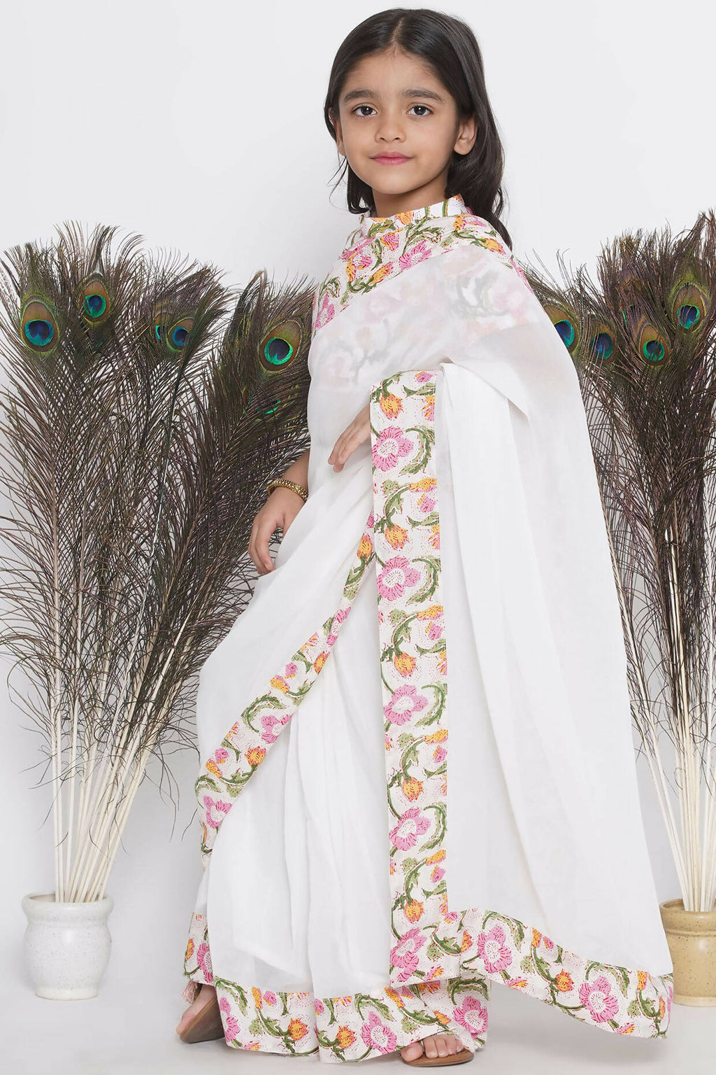 Little Bansi Floral Print Ready To Wear Saree And Floral Blouse - White | Grocsy