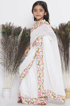 Little Bansi Floral Print Ready To Wear Saree And Floral Blouse - White | Grocsy