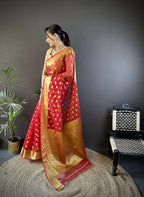 Joban Fashion Red Polka-Dot Zari Woven Organza Silk Banarasi Silk Saree | Grocsy