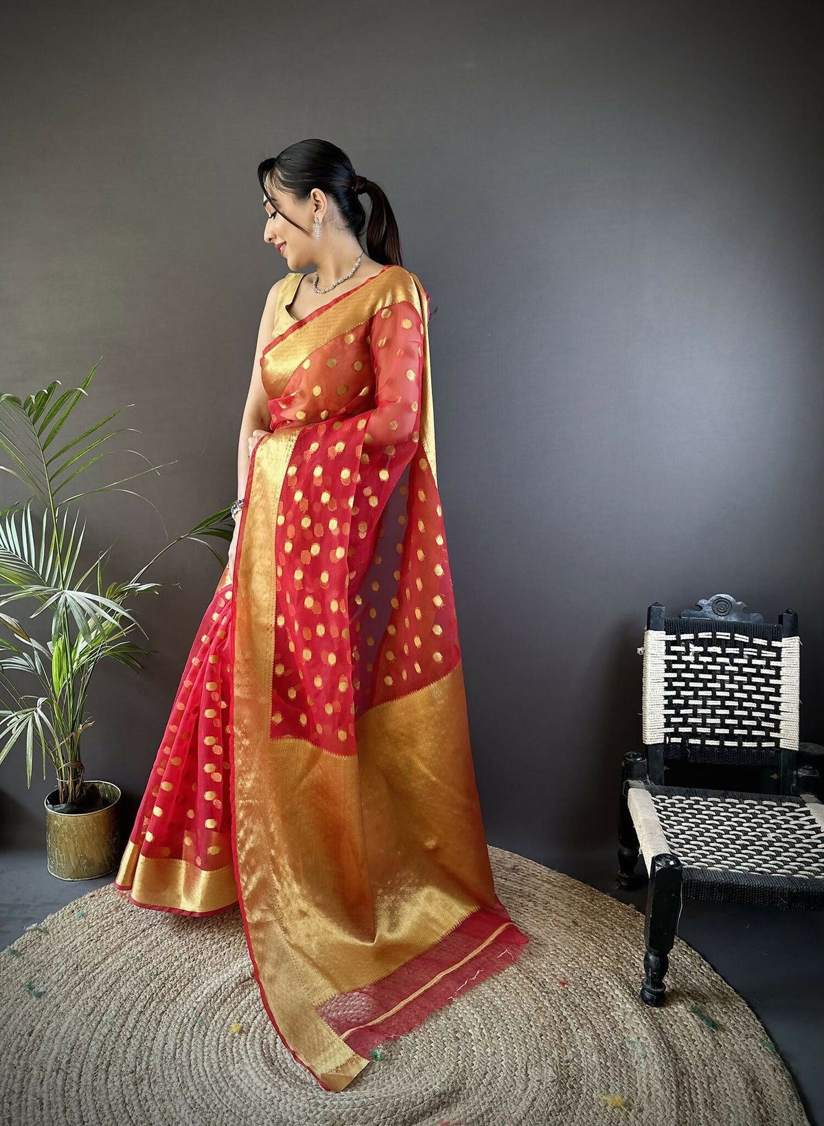 Joban Fashion Red Polka-Dot Zari Woven Organza Silk Banarasi Silk Saree | Grocsy