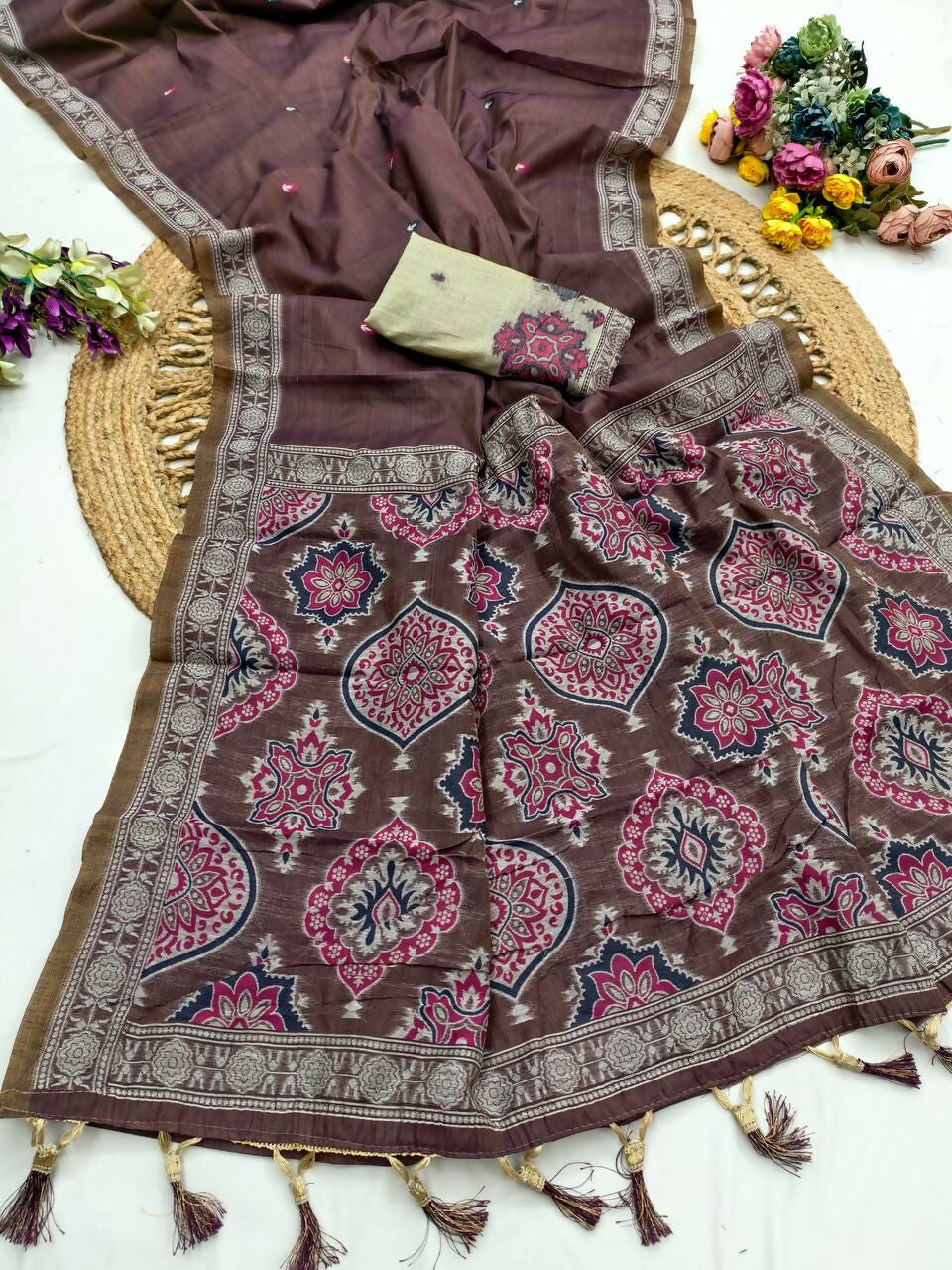 Vastranavya Coffee Muga Cotton Meenakari & Azarakh Pallu Saree with Contrast Blouse | Grocsy