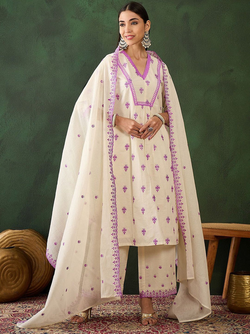 Sangria Purple Floral Embroidered Thread Work Pure Cotton Kurta & Palazzos With Dupatta | Grocsy