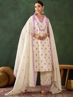 Sangria Purple Floral Embroidered Thread Work Pure Cotton Kurta & Palazzos With Dupatta | Grocsy