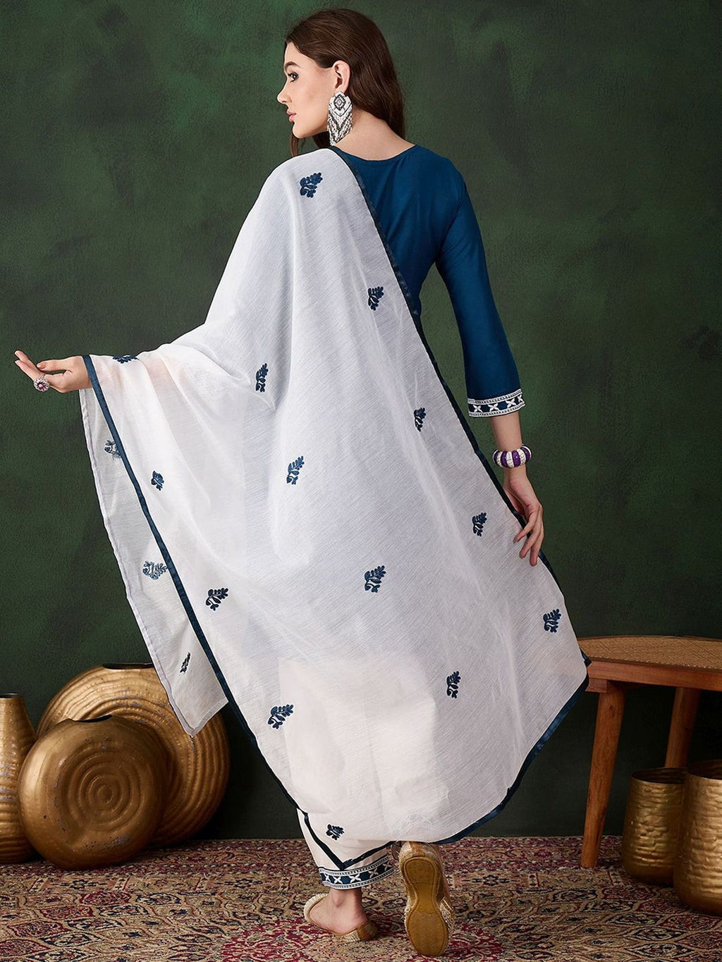 Sangria Teal Blue Paisley Embroidered Thread Work Straight Kurta & Trouser With Dupatta | Grocsy