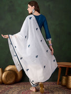 Sangria Teal Blue Paisley Embroidered Thread Work Straight Kurta & Trouser With Dupatta | Grocsy