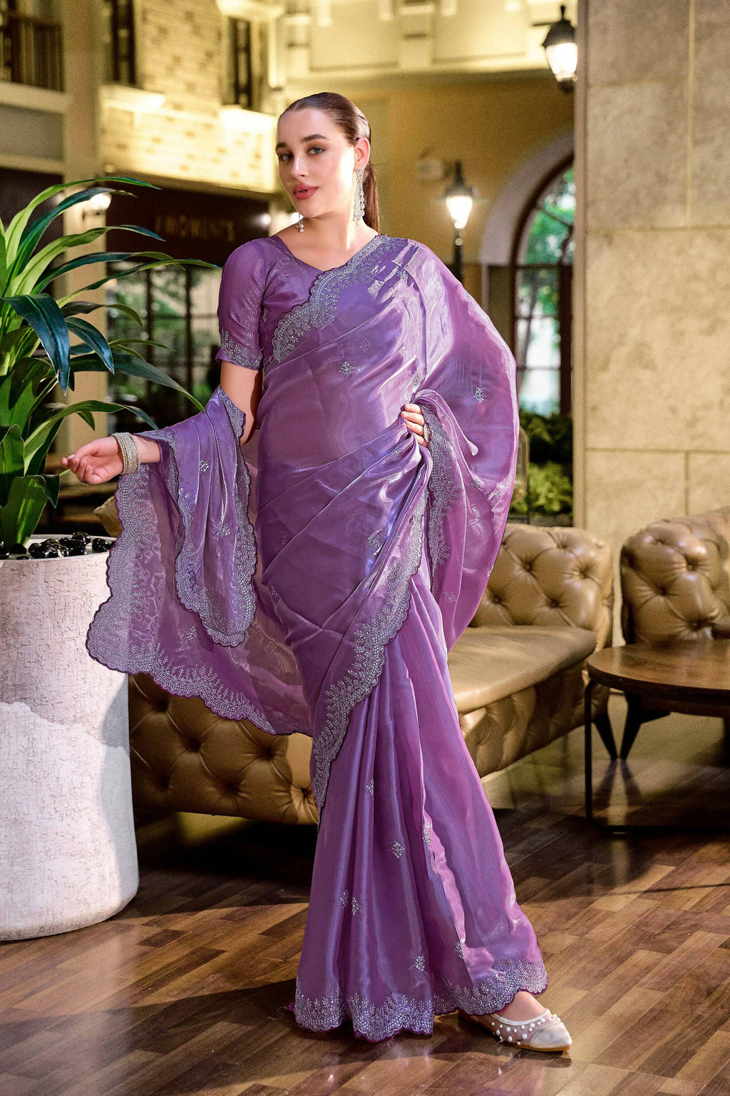 Vastranavya Lavender Embroidery Work Shimmer Chiffon Saree with Unstitched Blouse | Grocsy