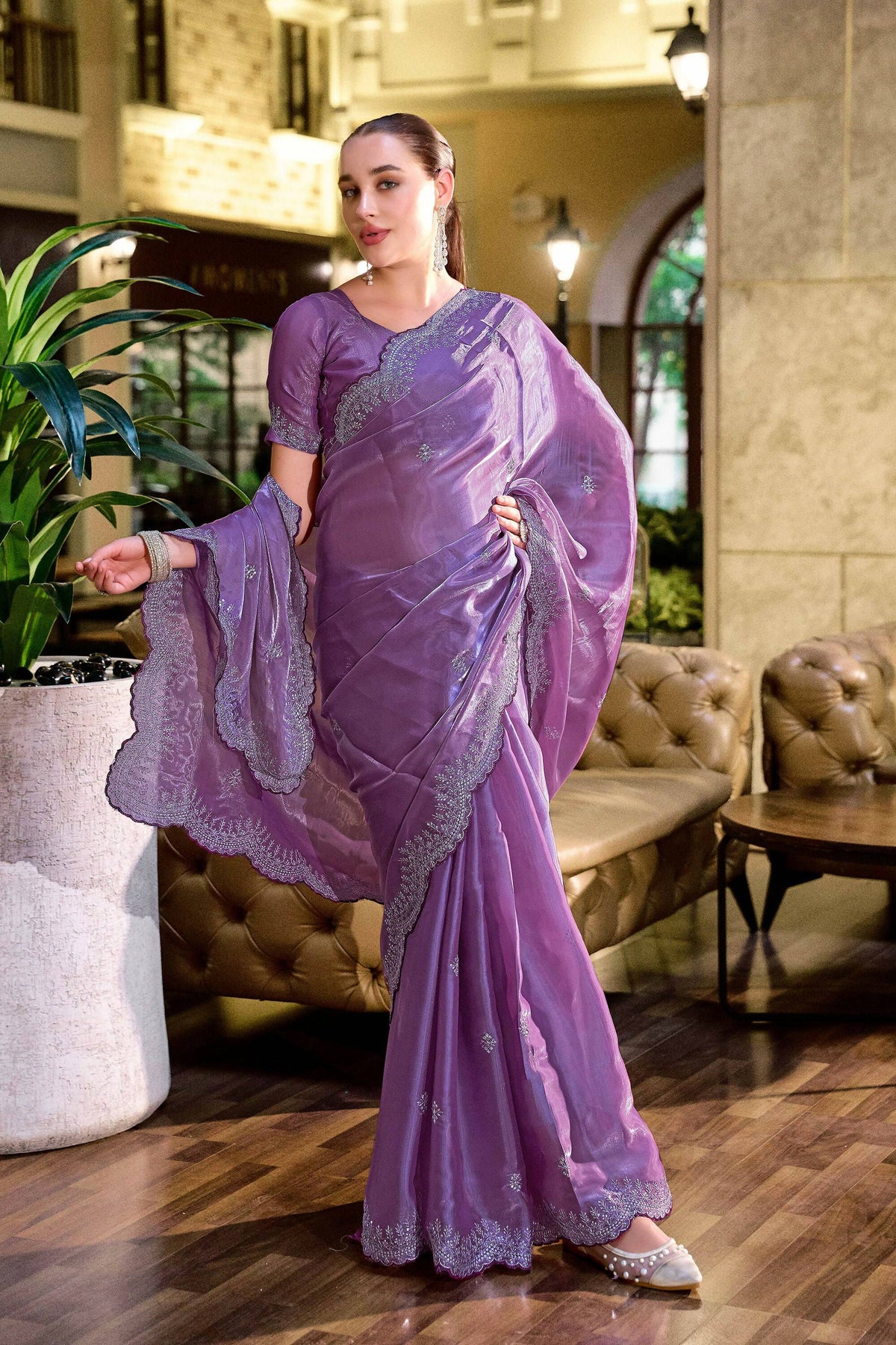 Vastranavya Lavender Embroidery Work Shimmer Chiffon Saree with Unstitched Blouse | Grocsy