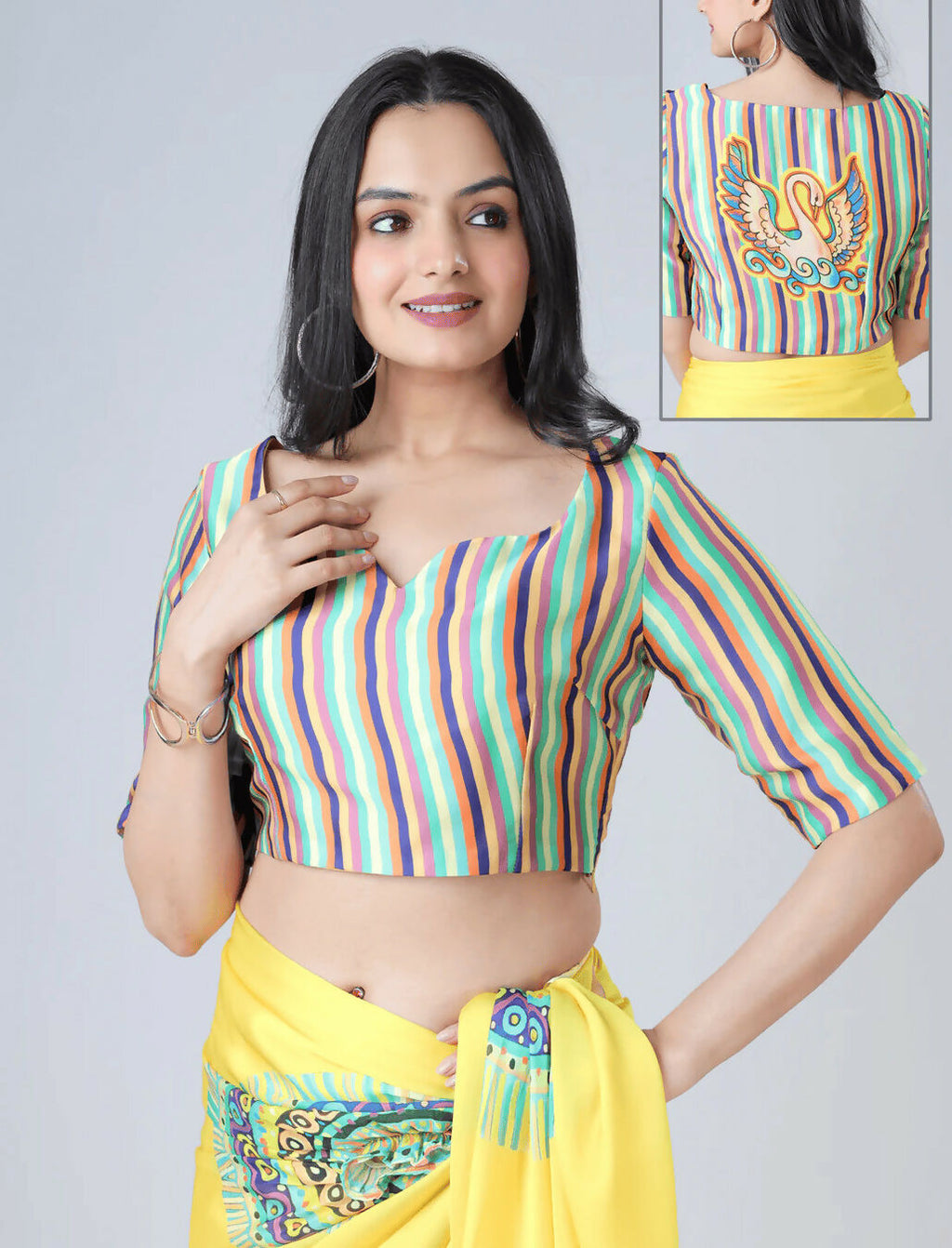Vastranavya Yellow Ready to Wear Swan Print Free Hand Saree | Grocsy