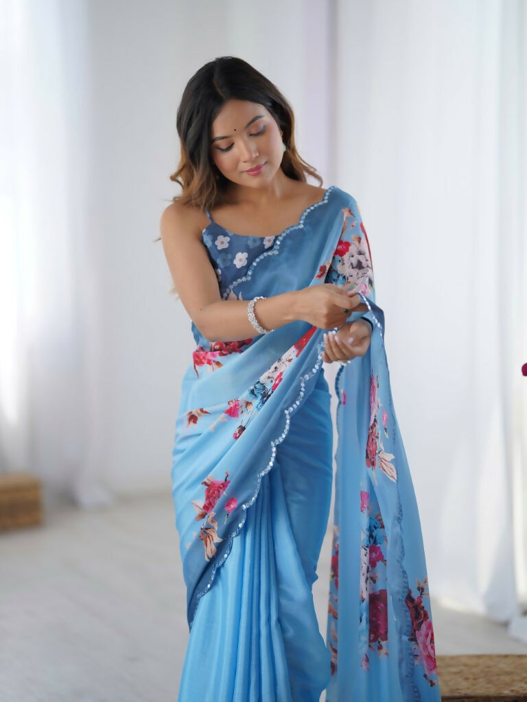 Blue Chinon Designer Digital Printed,Mirror Cut Work Saree - Elayna | Grocsy