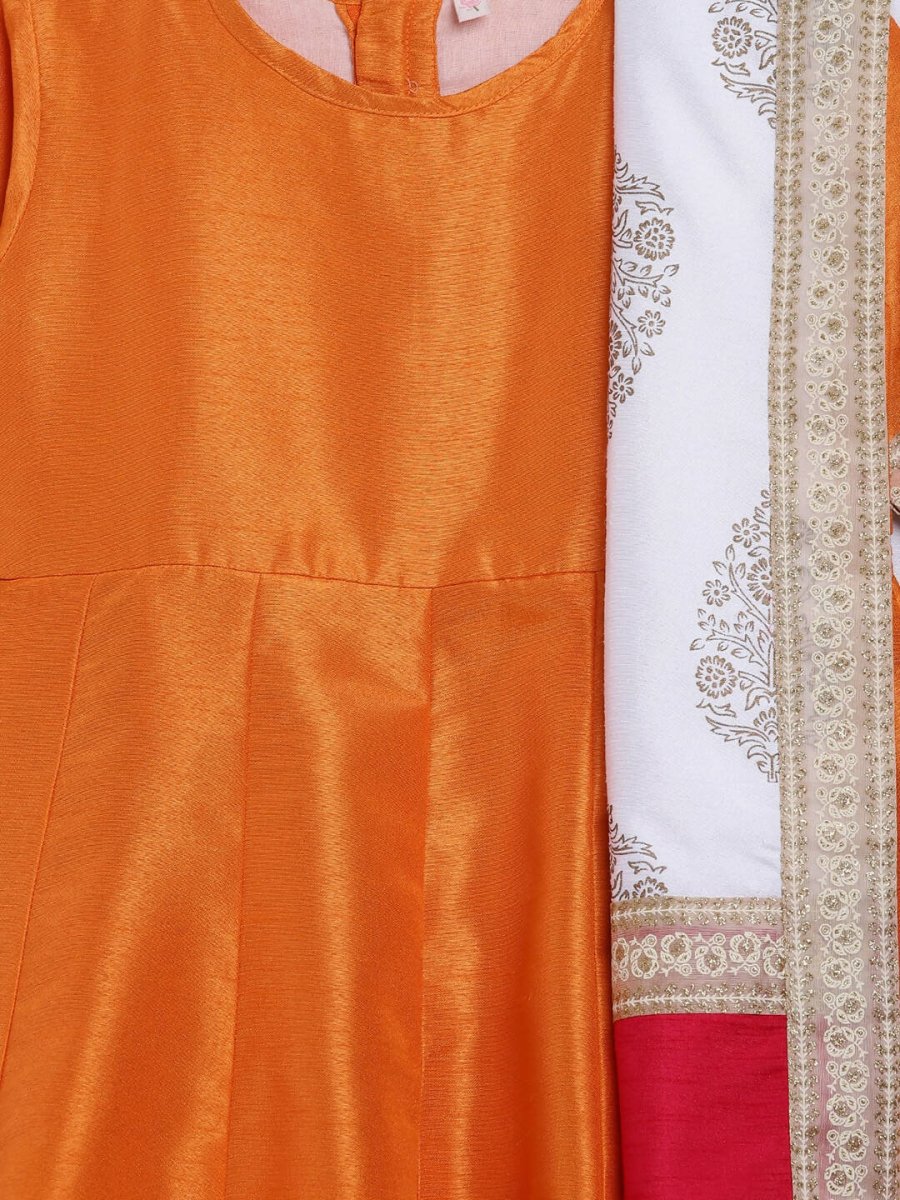 Ahalyaa Orange Poly Silk Anarkali Kids Kurta With Dupatta Set For Girls | Grocsy