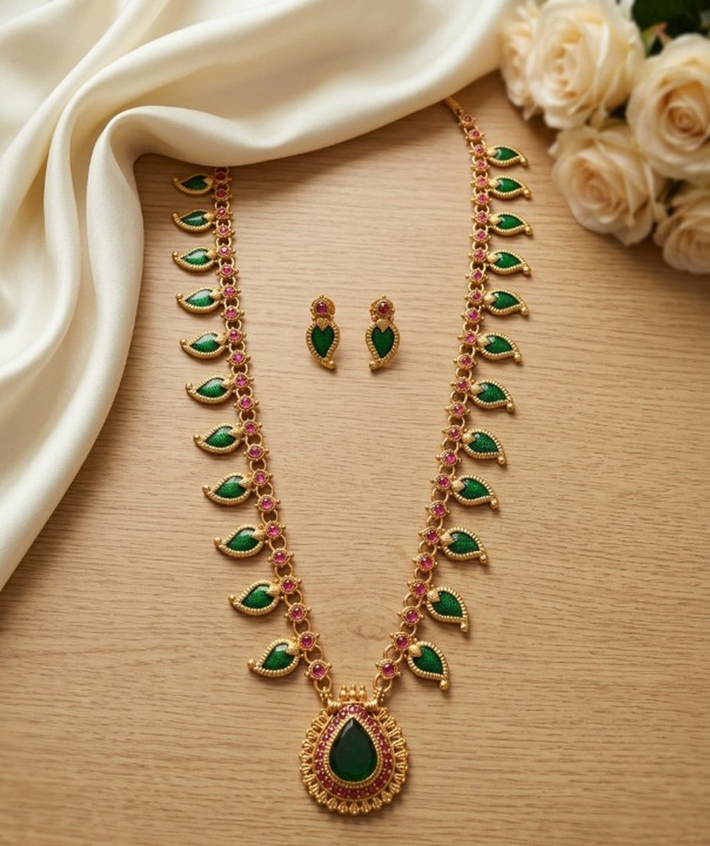 Jewel City Green Meenakari Long Haram Necklace Set Antique Gold Plated Temple Jewelry | Grocsy