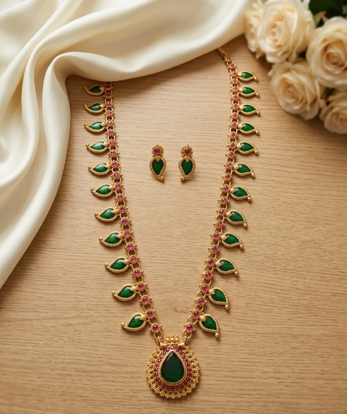 Jewel City Green Meenakari Long Haram Necklace Set Antique Gold Plated Temple Jewelry | Grocsy