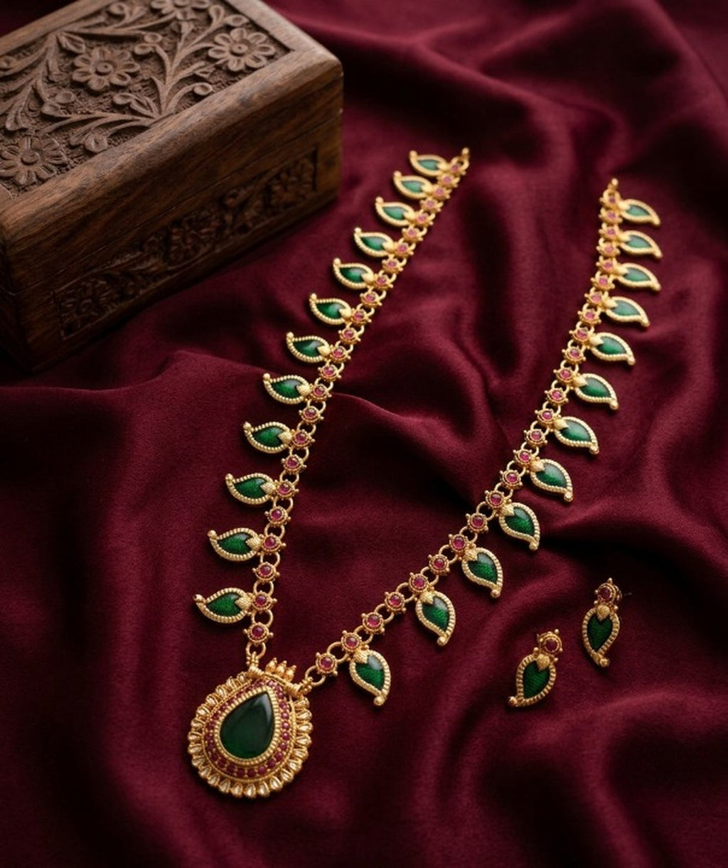 Jewel City Green Meenakari Long Haram Necklace Set Antique Gold Plated Temple Jewelry | Grocsy