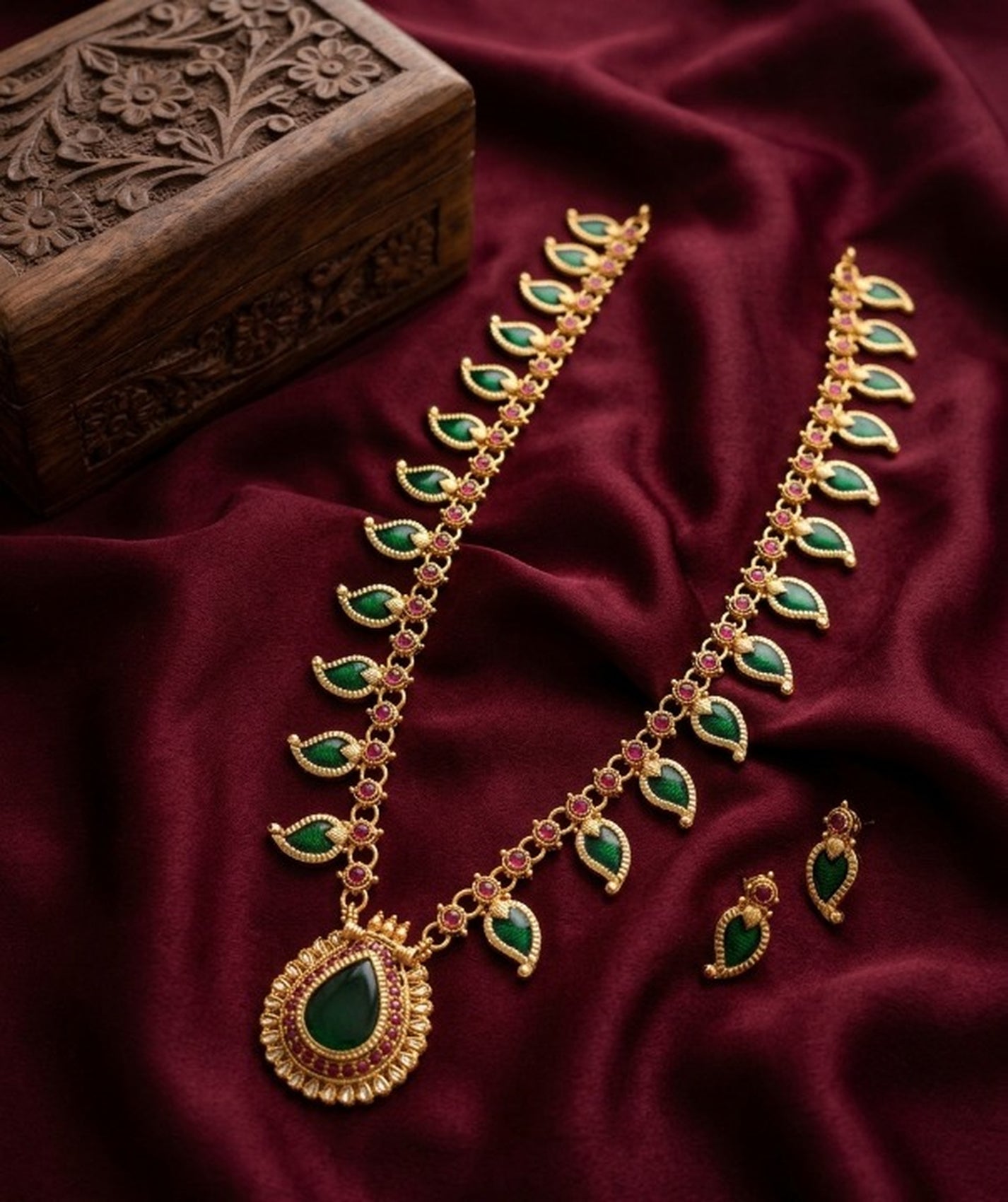 Jewel City Green Meenakari Long Haram Necklace Set Antique Gold Plated Temple Jewelry | Grocsy