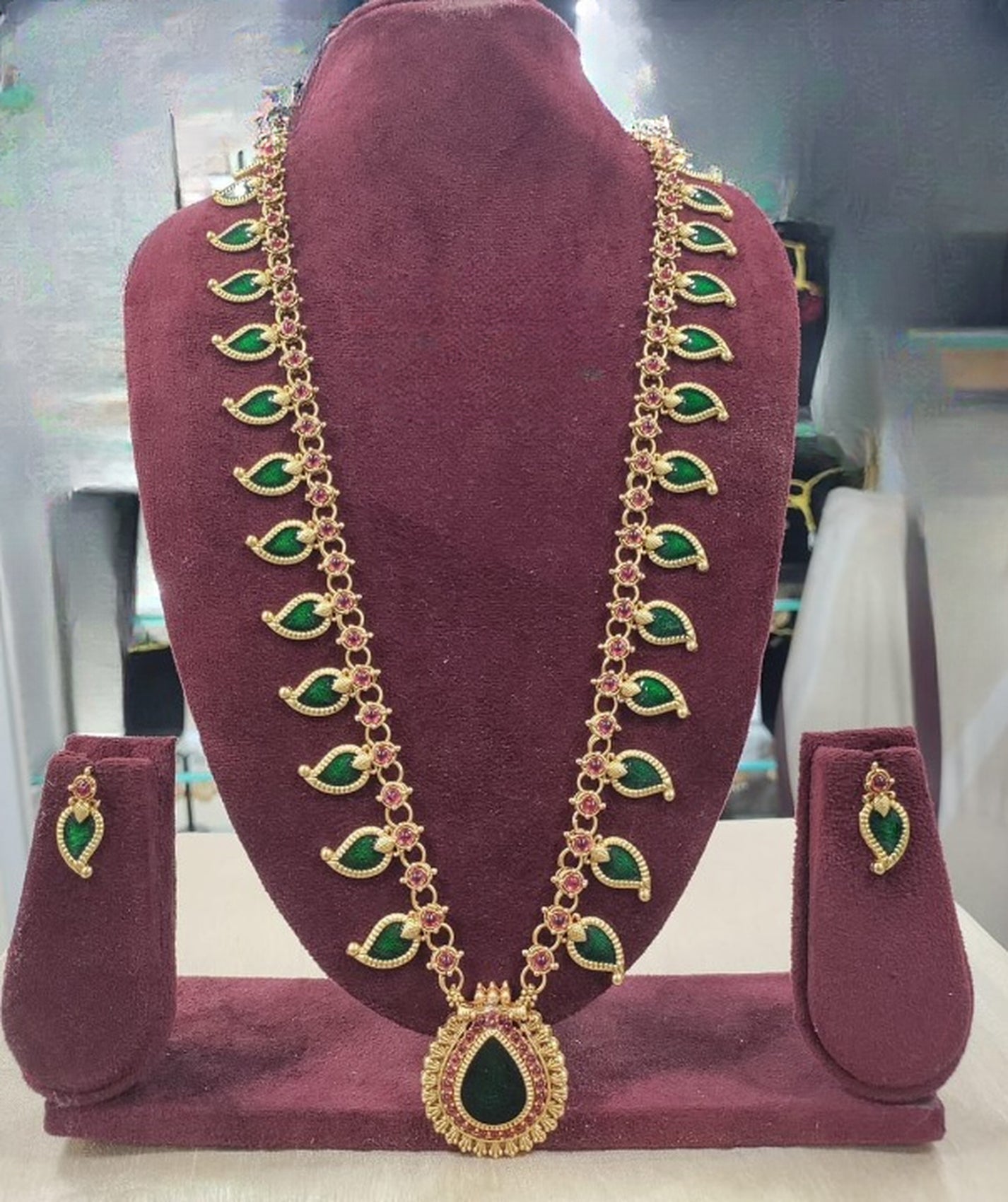 Jewel City Green Meenakari Long Haram Necklace Set Antique Gold Plated Temple Jewelry | Grocsy