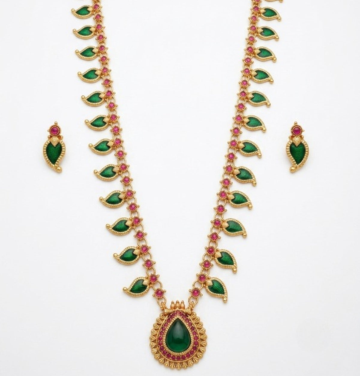 Jewel City Green Meenakari Long Haram Necklace Set Antique Gold Plated Temple Jewelry | Grocsy