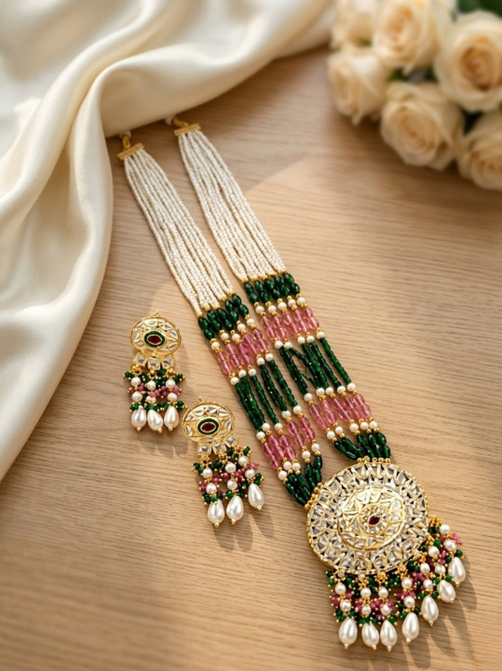 Jewel City Kundan Necklace Set with Multicolor Beads & Pearls | Antique Gold Plated Bollywood Bridal Wedding Jewelry For Women | Grocsy