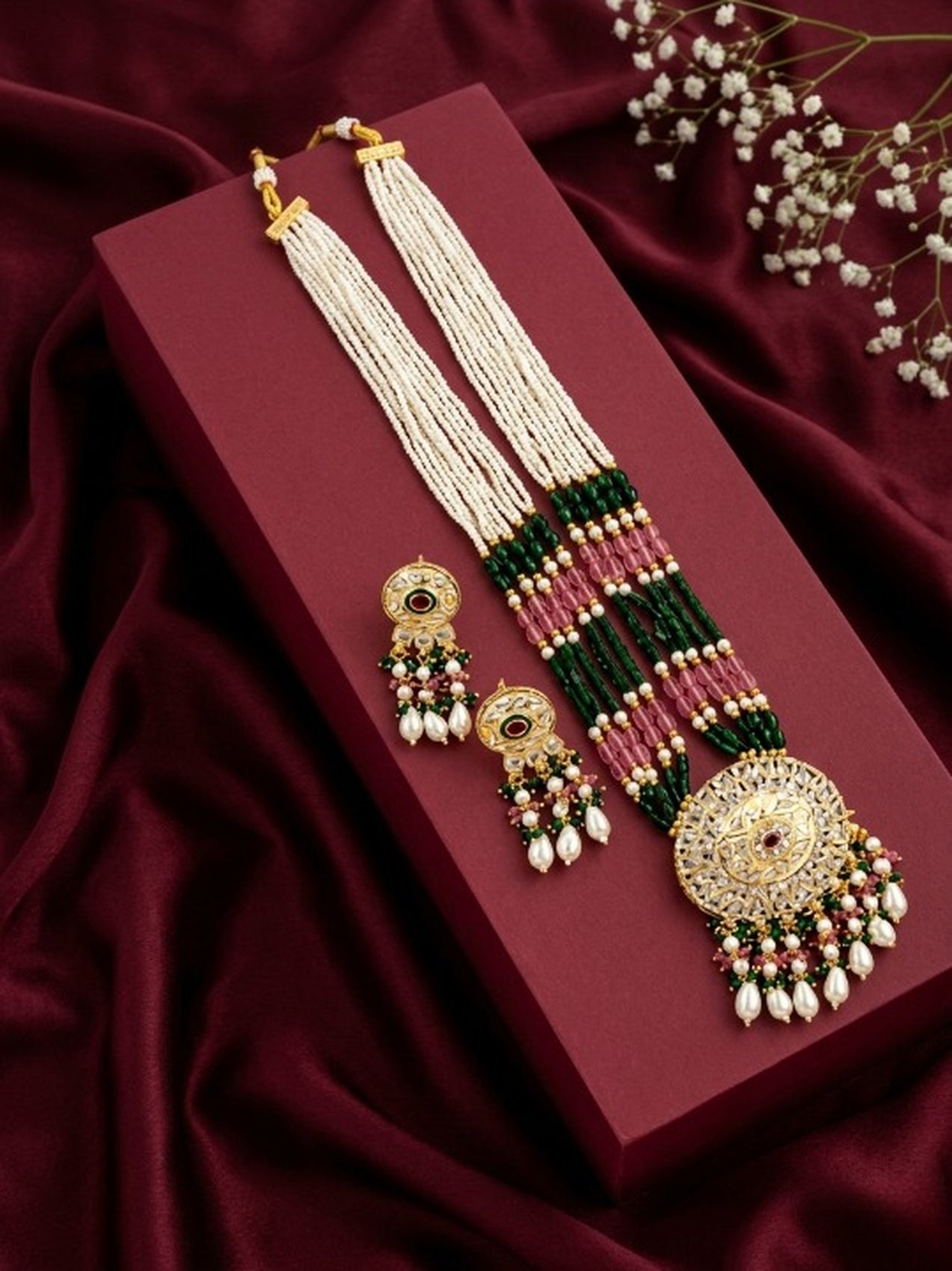 Jewel City Kundan Necklace Set with Multicolor Beads & Pearls | Antique Gold Plated Bollywood Bridal Wedding Jewelry For Women | Grocsy
