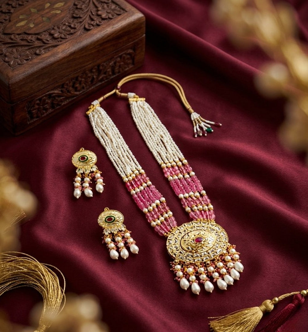Jewel City Kundan Necklace Set with Multicolor Beads & Pearls | Antique Gold Plated Bollywood Bridal Wedding Jewelry For Women | Grocsy