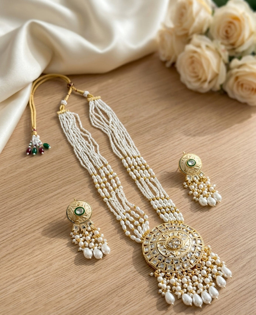 Jewel City Kundan Necklace Set with White Beads & Pearls | Antique Gold Plated Bollywood Bridal Wedding Jewelry For Women | Grocsy