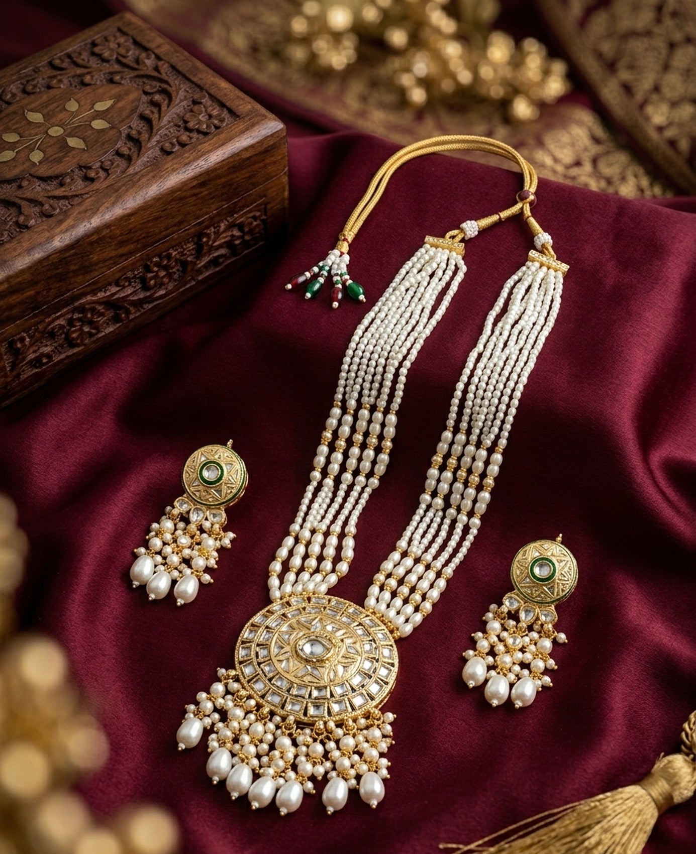Jewel City Kundan Necklace Set with White Beads & Pearls | Antique Gold Plated Bollywood Bridal Wedding Jewelry For Women | Grocsy