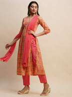 Orange Pure Cotton Bandhani Printed Naira Cut Kurta And Bottom With Dupatta - Akashara | Grocsy