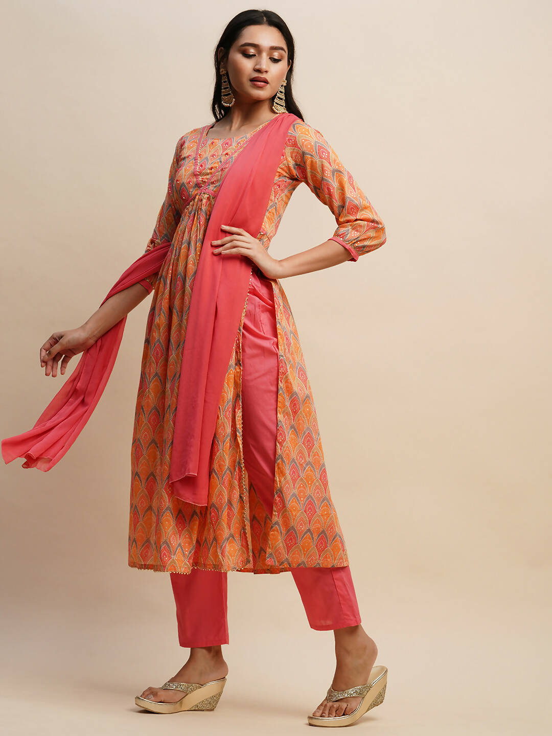 Orange Pure Cotton Bandhani Printed Naira Cut Kurta And Bottom With Dupatta - Akashara | Grocsy