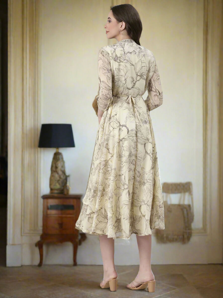 Souchii Floral Tiered Midi Dress For Women – Elegant Beige Button-Front A-Line | Grocsy