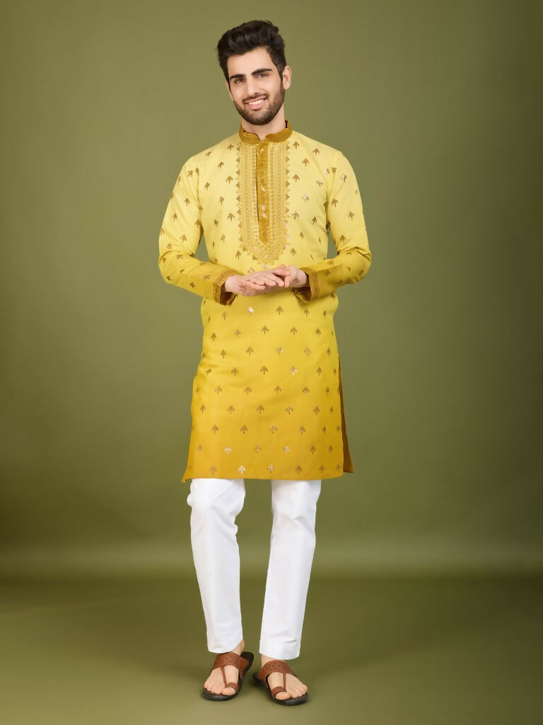 Vastranavya Ombre Yellow Premium Viscose Silk Thread & Sequence Embroidery work Kurta | Grocsy