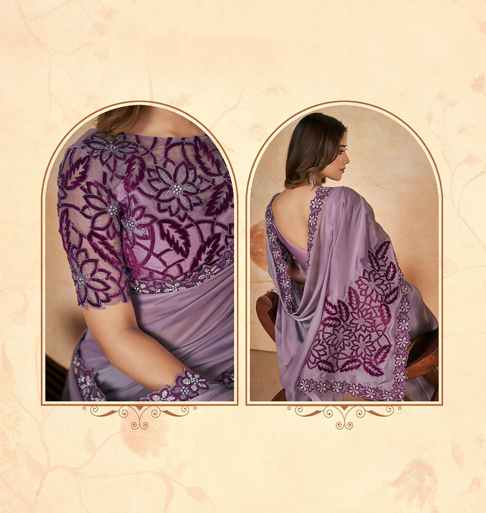 Purple Crepe Satin Silk Sequence & Cord Embroidered with Stone Work Saree - Mohmanthan Dakshika | Grocsy
