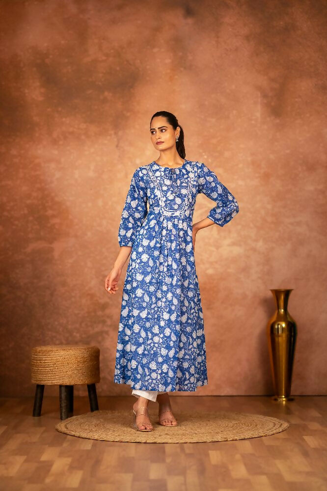 Joban Fashion Blue Floral Hand Block Printed Cotton Kurta Pant Set | Grocsy