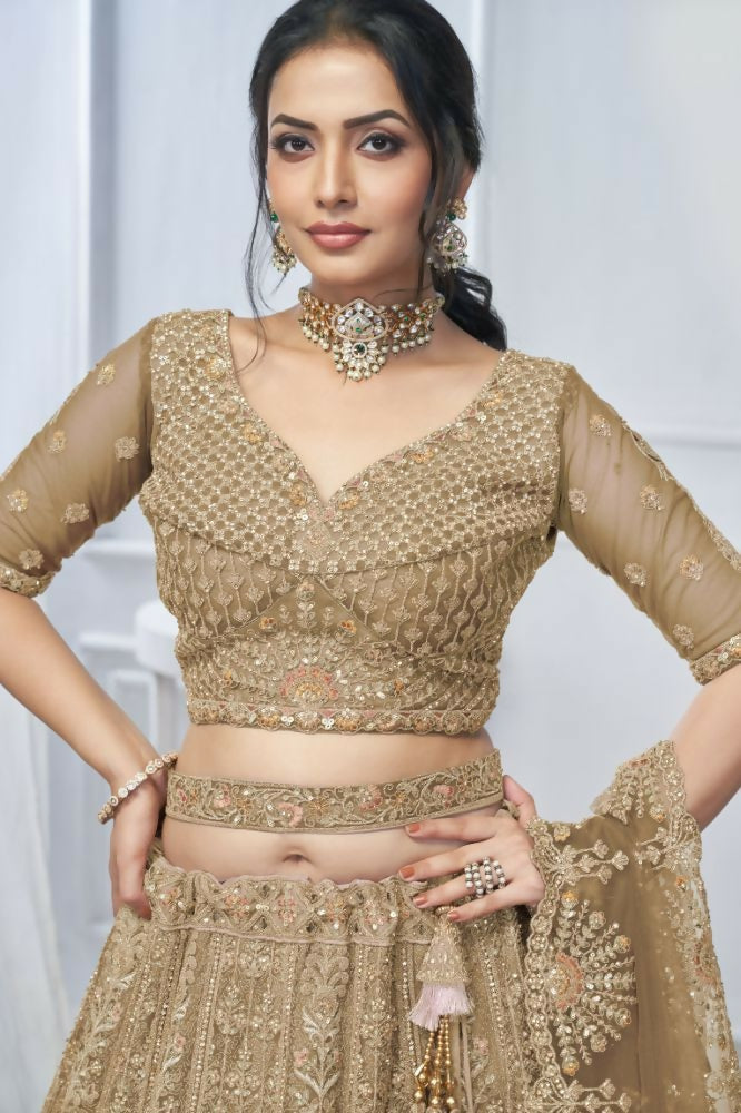 Kesar Fab Brown Net Embroidered Lehenga | Grocsy