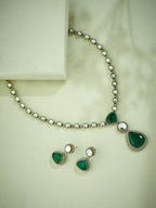 Nuyug 22K Gold-Plated Emerald Stone Centric Kundan Studded Minimal Necklace Set | Grocsy