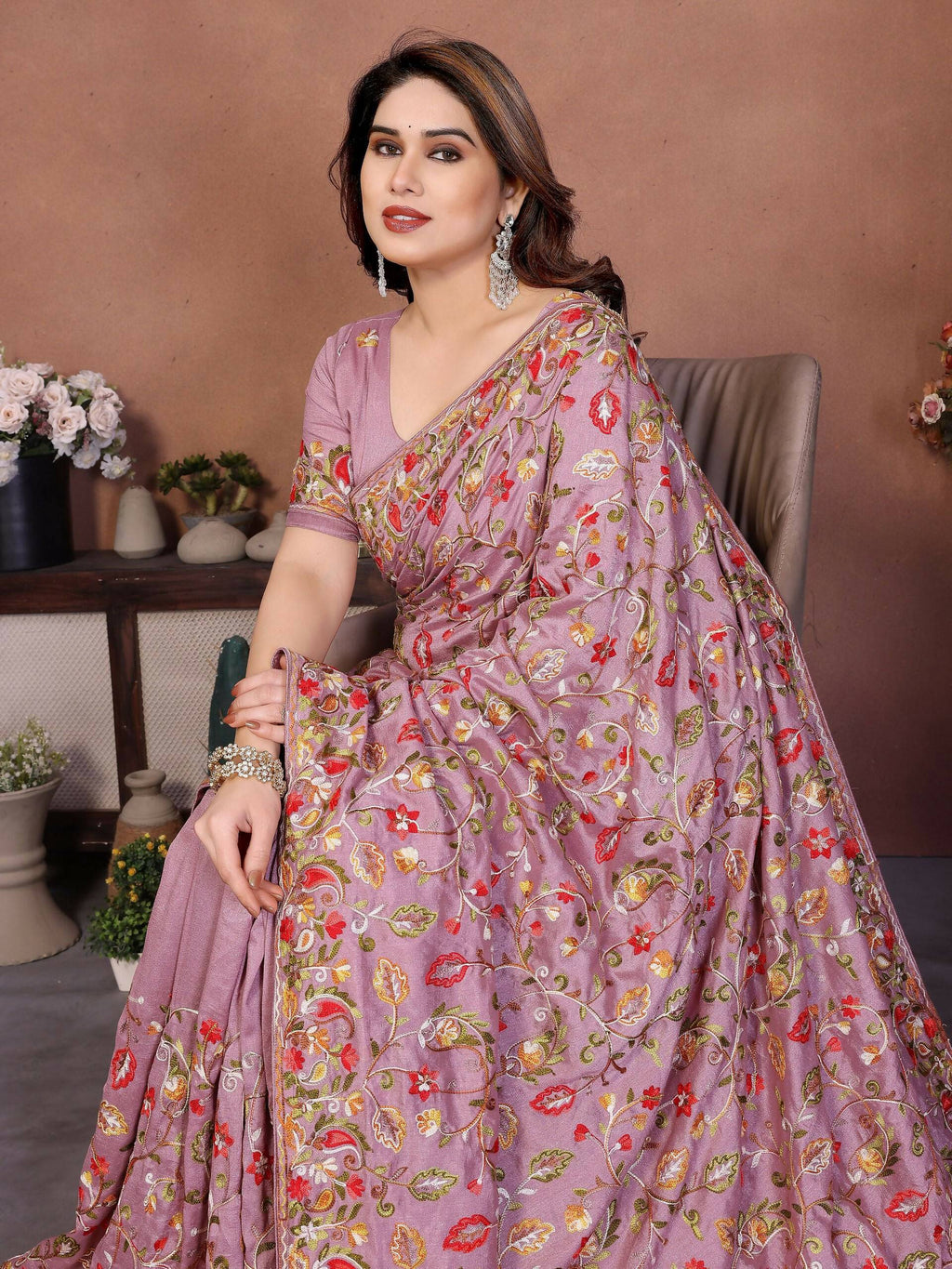 Teeya Creation New Latest Party Wear Lucknowi Soft Silk Saree-Beige | Grocsy