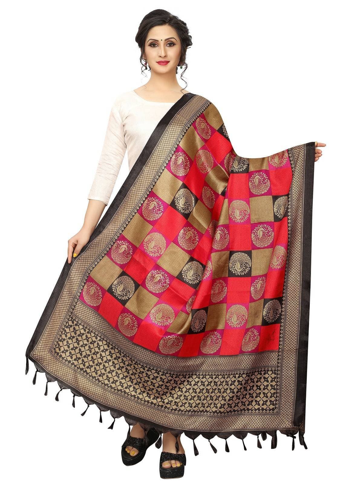 Vamika Latest Traditional Red Printed Khadi Bhagalpuri Dupatta | Grocsy