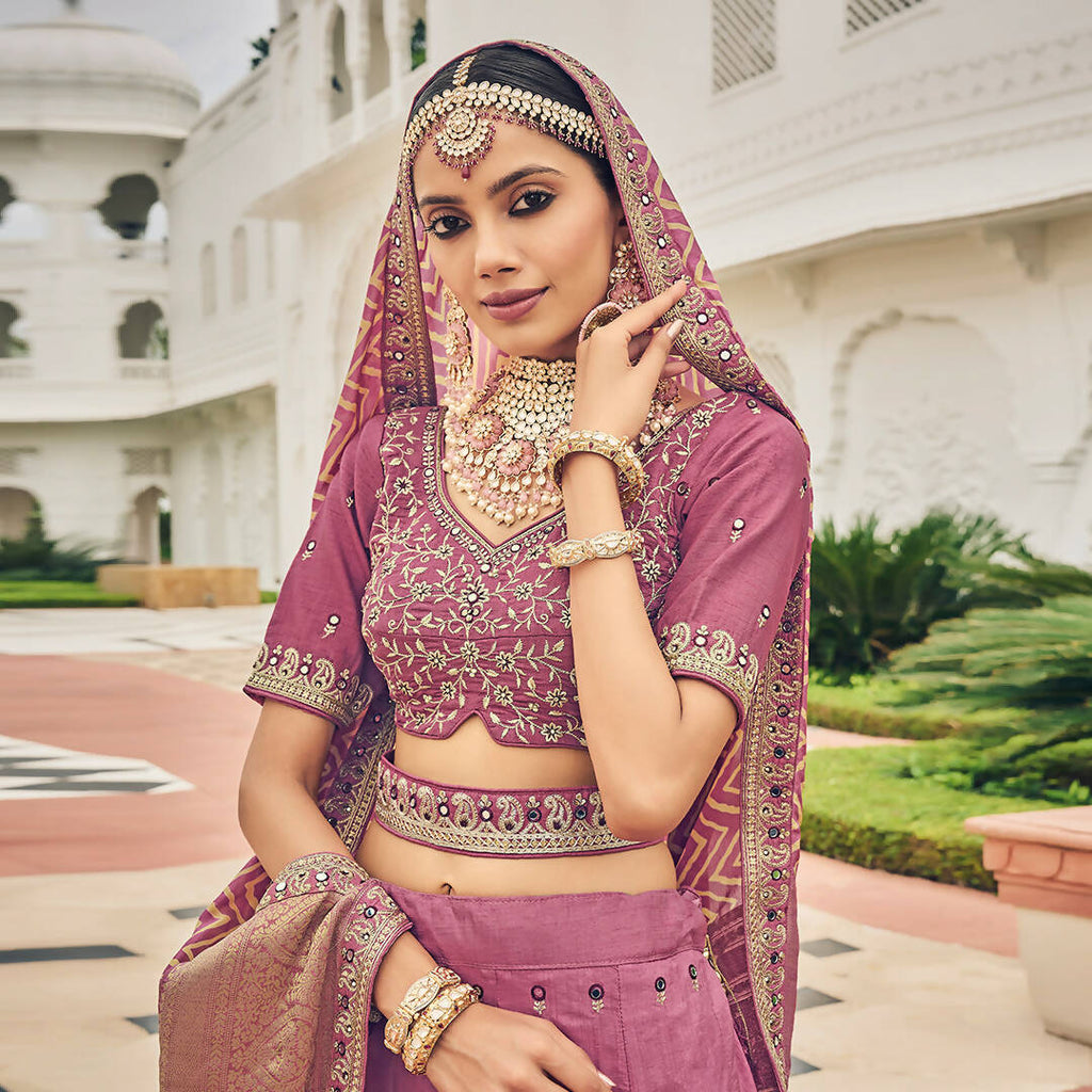 Onion Pink Heavy Viscose Khatli, Embroidery & Mirror Work Unstitched Lehenga Choli - Sisha Keshav | Grocsy
