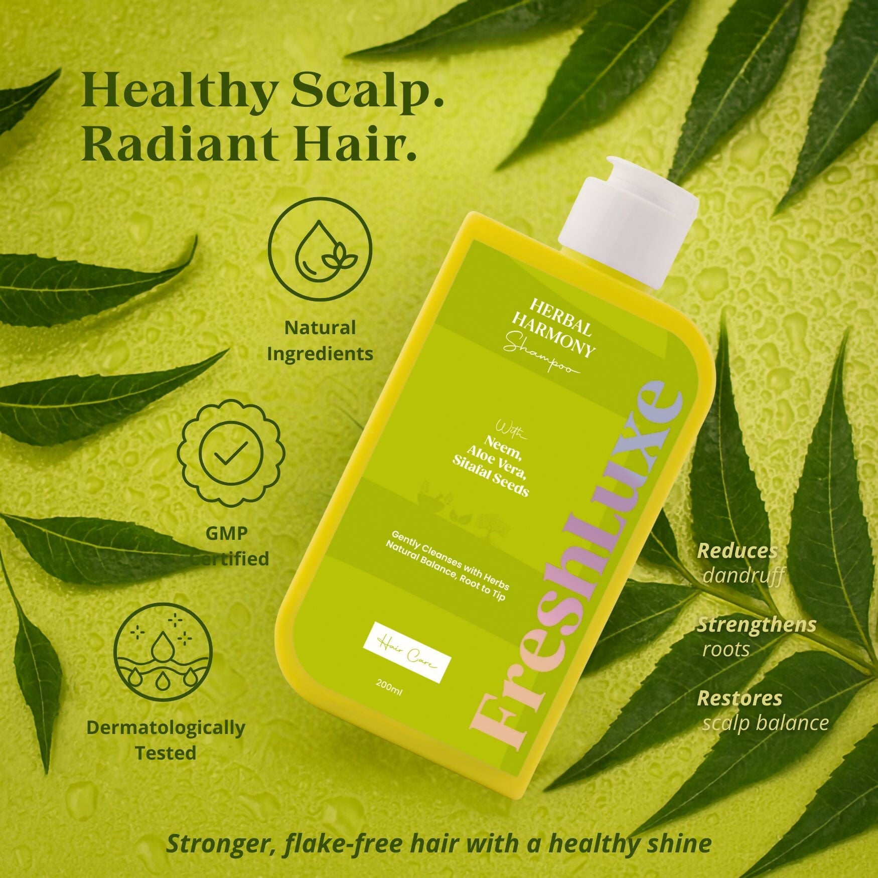 FreshLuxe Herbal Harmony Shampoo Anti-Dandruff Hair Cleanser with Aloe Vera, Neem & Sitafal | Grocsy