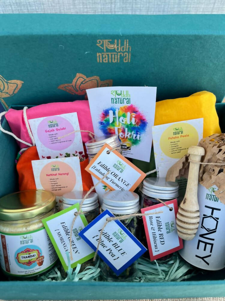 Shuddh Natural Edible Wholistic Colour | Ayurvedic Thandai Powder | Ubtan Based Herbal Gulal | Holi Gift Hamper | Natural Honey | Grocsy