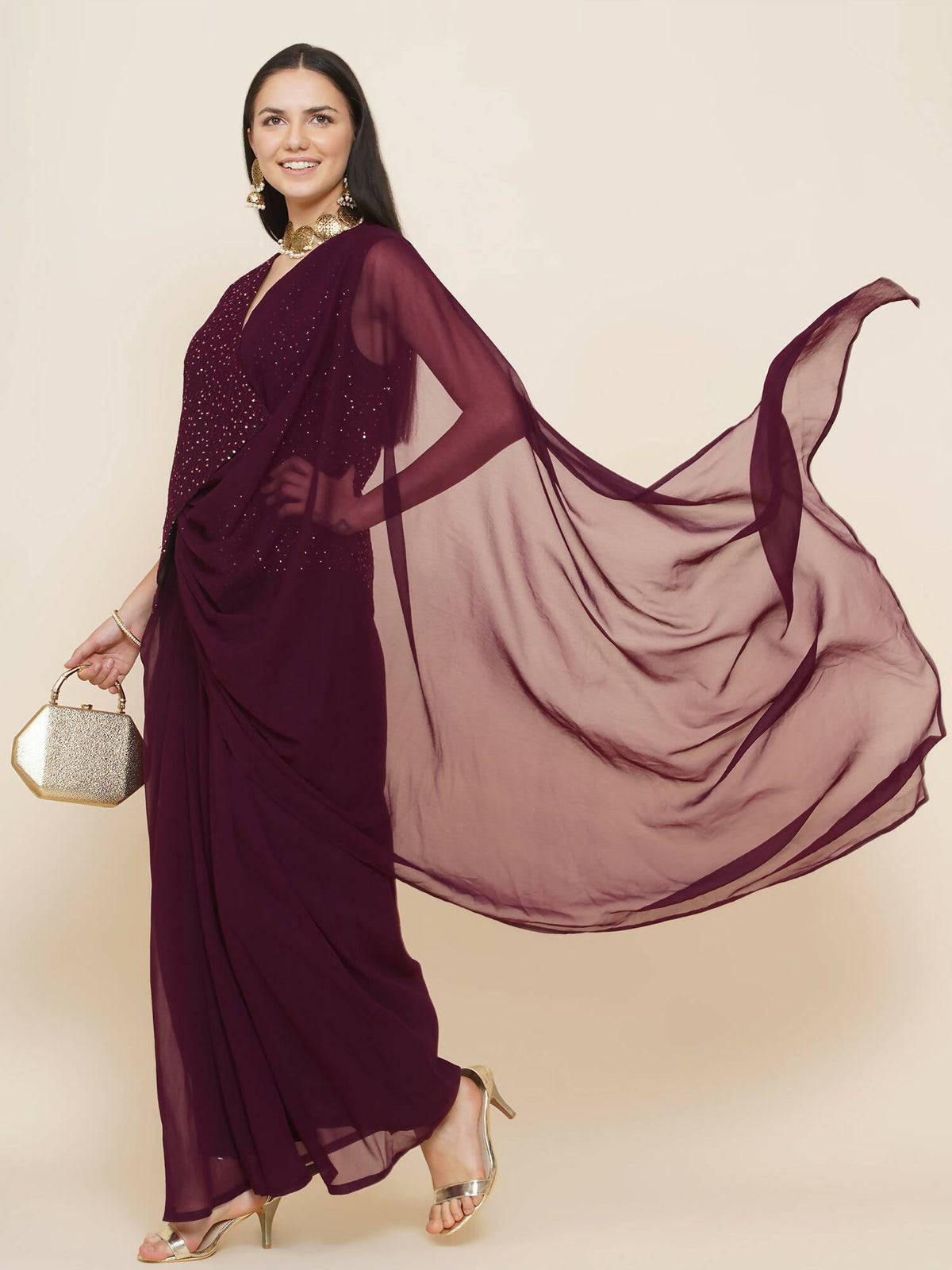 Women Republic Bronze Georgette Jacket With Skirt | Grocsy