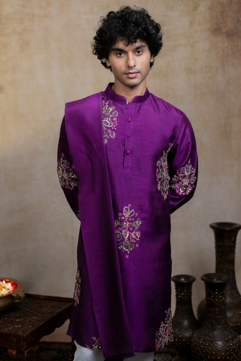 Falling Raw Silk Purple Mayura Cham Set By Hilo Design | Grocsy