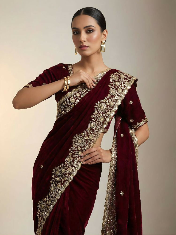 Joban Fashion Maroon Fandy Satin Silk Party Wear Sarees | Grocsy