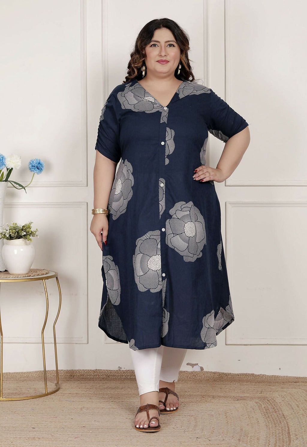 Miravan Womens Plus Size Blue Floral Printed Front Buttoned A-Line Kurta Dress | Grocsy
