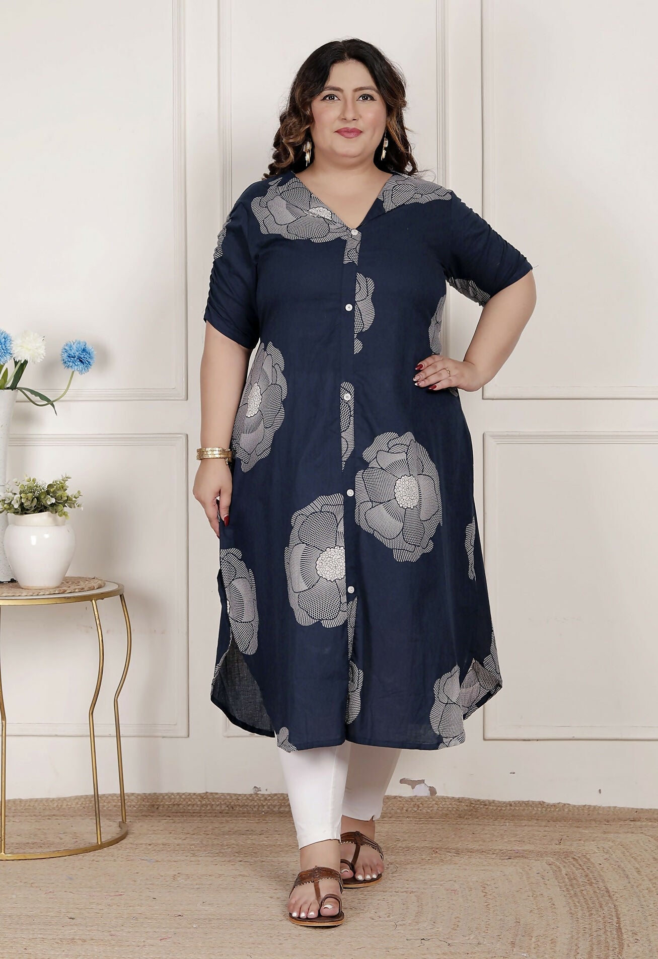 Miravan Womens Plus Size Blue Floral Printed Front Buttoned A-Line Kurta Dress | Grocsy