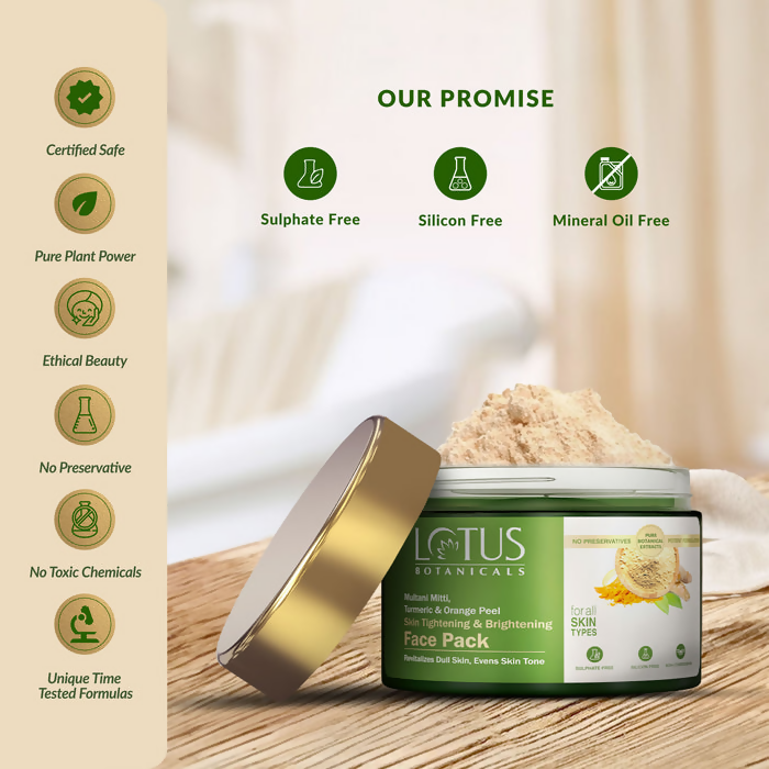 Lotus Botanicals Multani Mitti Turmeric & Orange Peel Skin Tightening & Brightening Face Pack | Grocsy