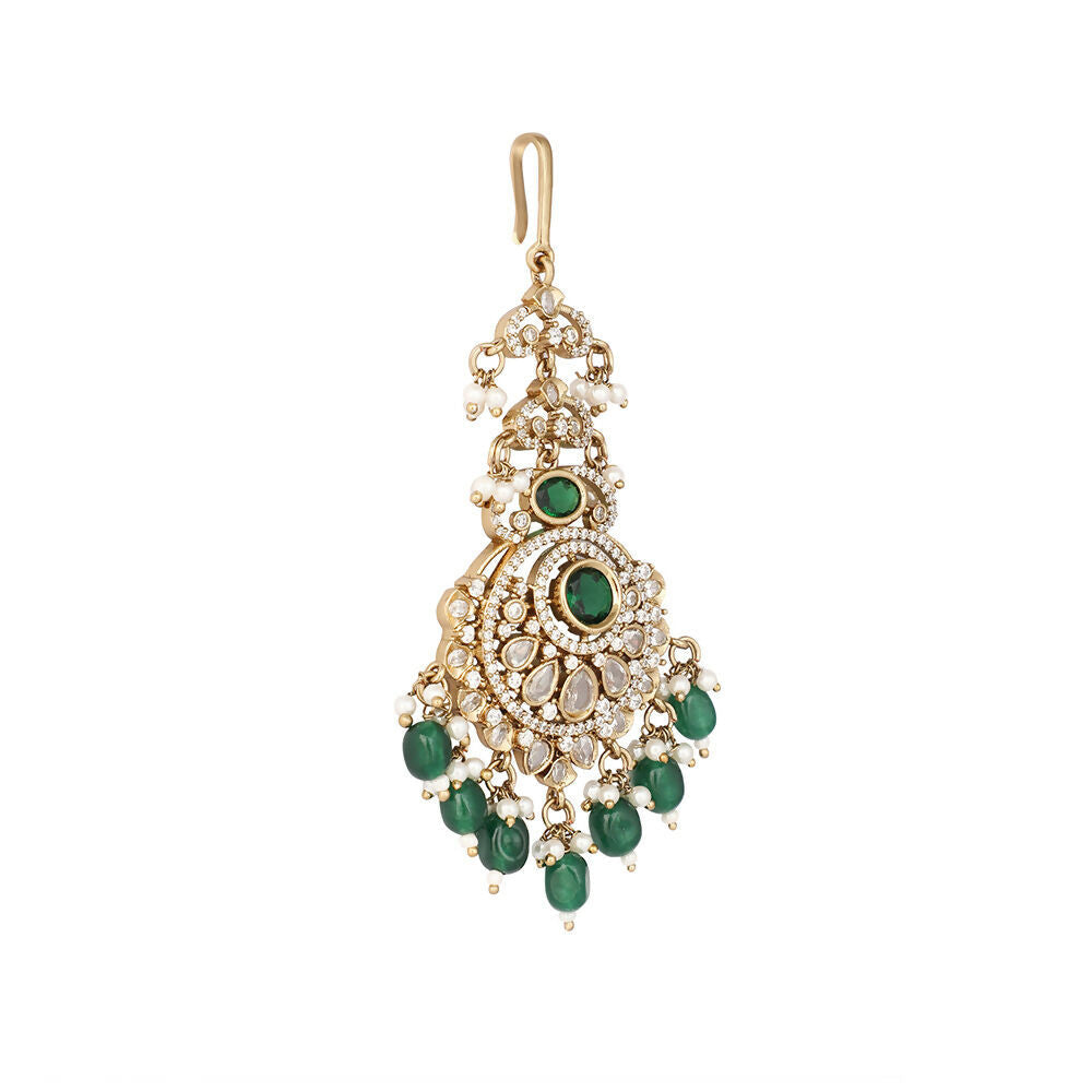 Nuyug 18K Gold Plated Ethereal Green Stone Maang Tikka | Grocsy