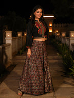 Juniper Women's The Rekha Chitra Black Thread Embroidered Rayon Top & Printed Skirt Set With Beads & Mirror Work | Grocsy