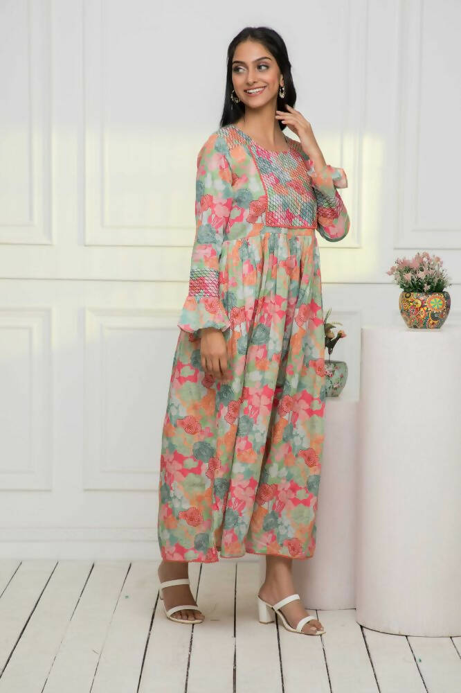 Myshka Women Multi Floral Rayon A-Line Round Neck Dress | Grocsy