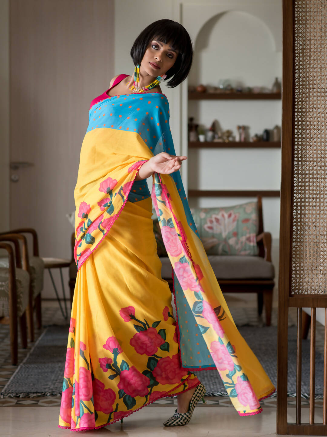Suta Yellow Floral Pure Cotton Saree | Grocsy