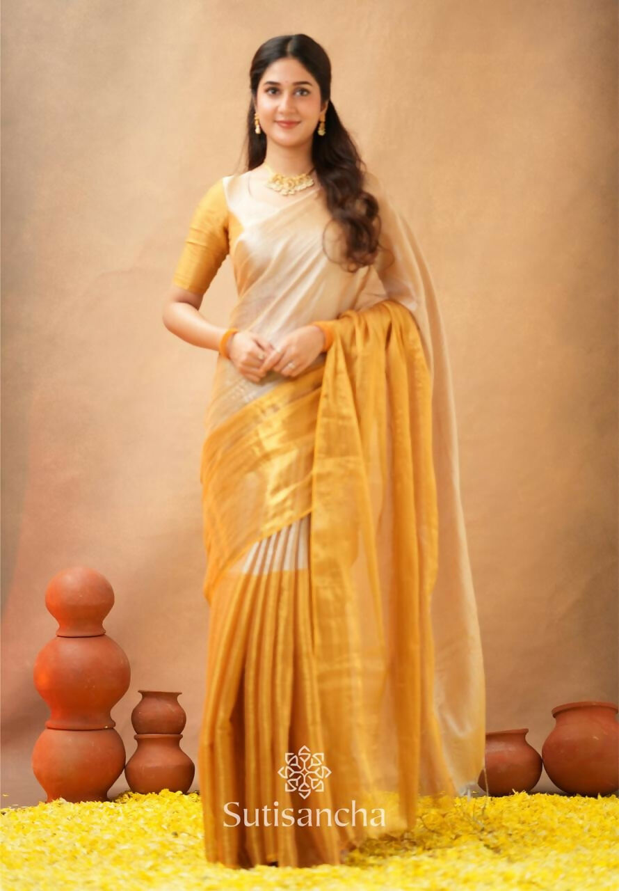Exclusive Collection Beautiful Yellow Tissue Silk Hand Weaving Handloom Saree With Running Blouse Piece | Grocsy
